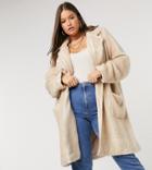 Only Curve Faux Fur Longline Coat With Pocket Detail In Cream-brown