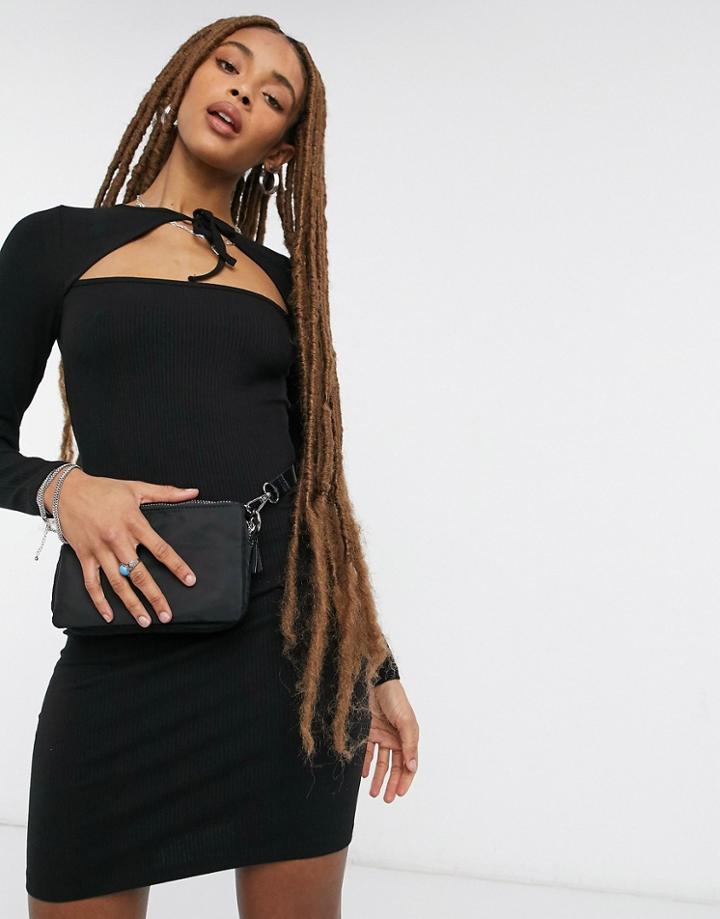 Topshop Tie Neck Cutout Mini Dress In Black