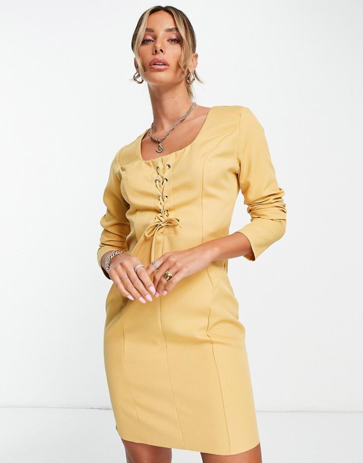Trendyol Tie Front Seamed Midi Dress In Camel-brown