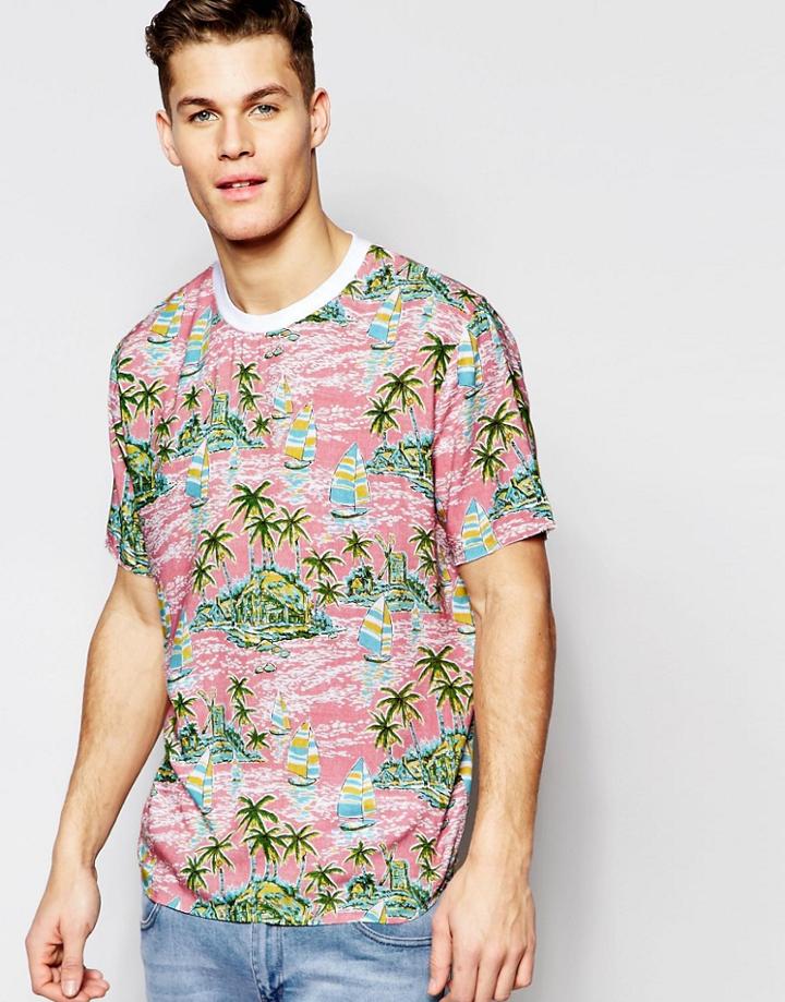 Asos Woven T-shirt With Hawaiian Print In Viscose - Pink