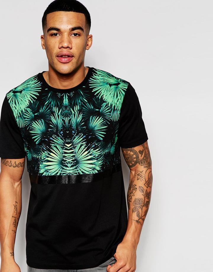 Asos Relaxed Skater T-shirt With Floral Yoke Print And Plastisol Stripe - Black