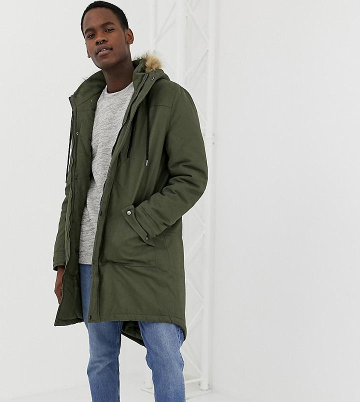 Another Influence Tall Faux Fur Hooded Fishtail Parka Jacket-green