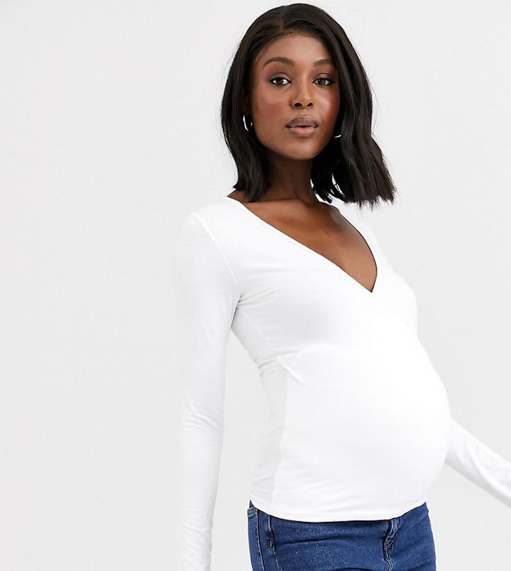 Asos Design Maternity Deep Wrap Top In White