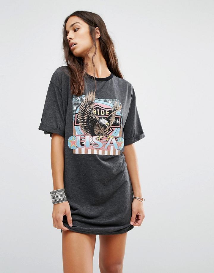 Missguided Eagle Motif T-shirt Dress - Gray