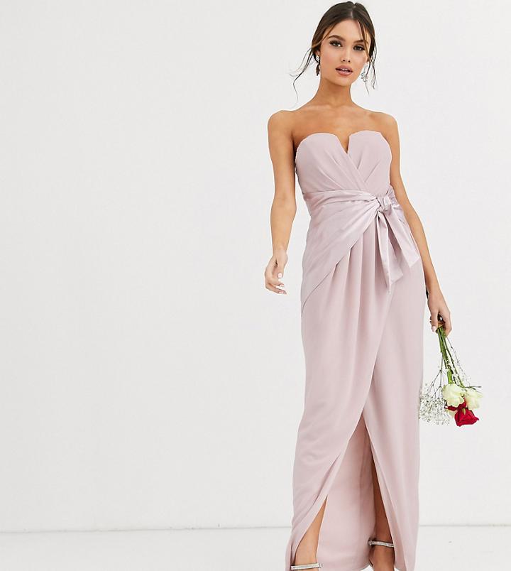 Tfnc Bridesmaid Bandeau Maxi Wrap Dress With Satin Front Detail In Taupe-brown