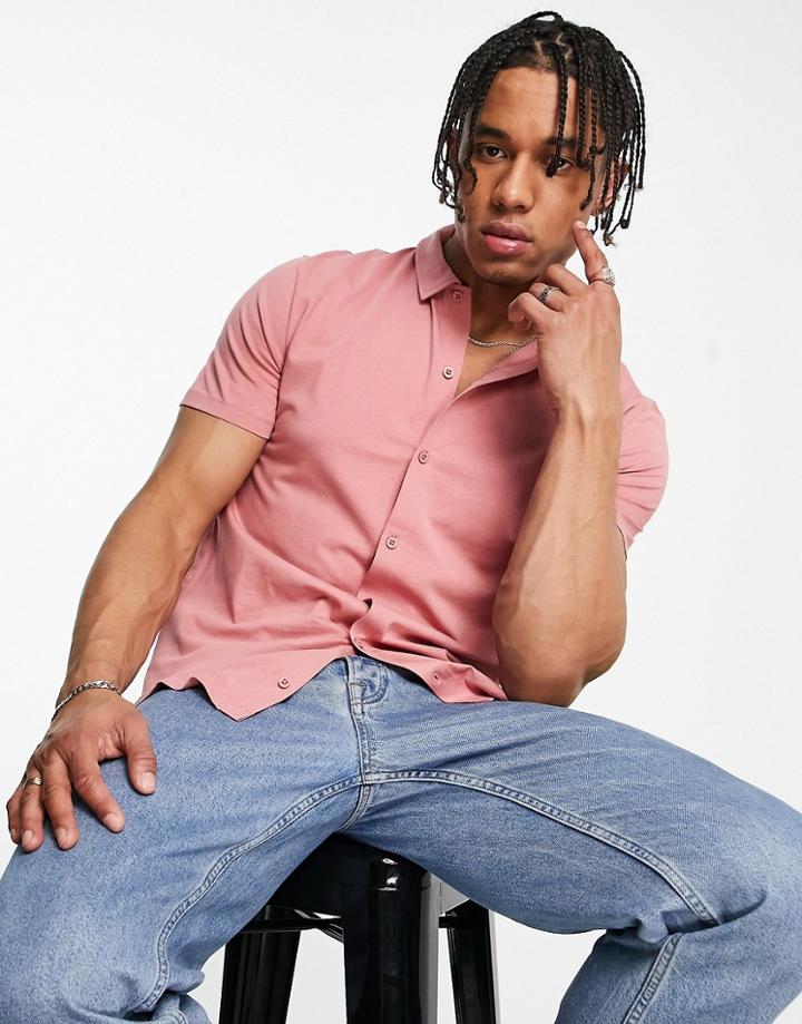 Asos Design Button Through Jersey Shirt In Pink