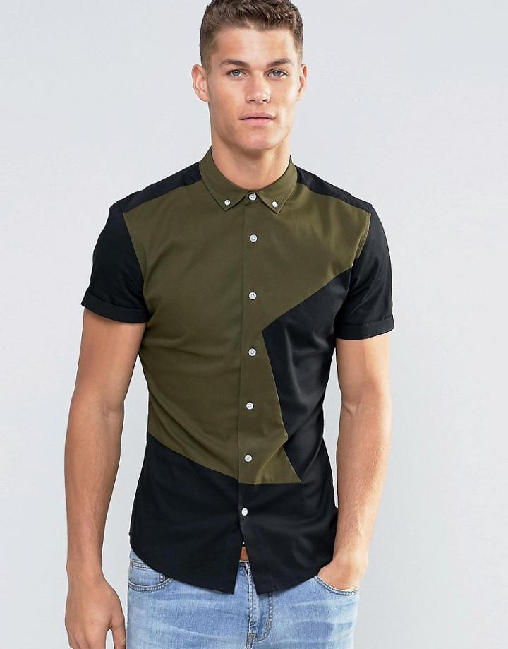 Asos Skinny Fit Shirt With Cut And Sew In Khaki - Khaki