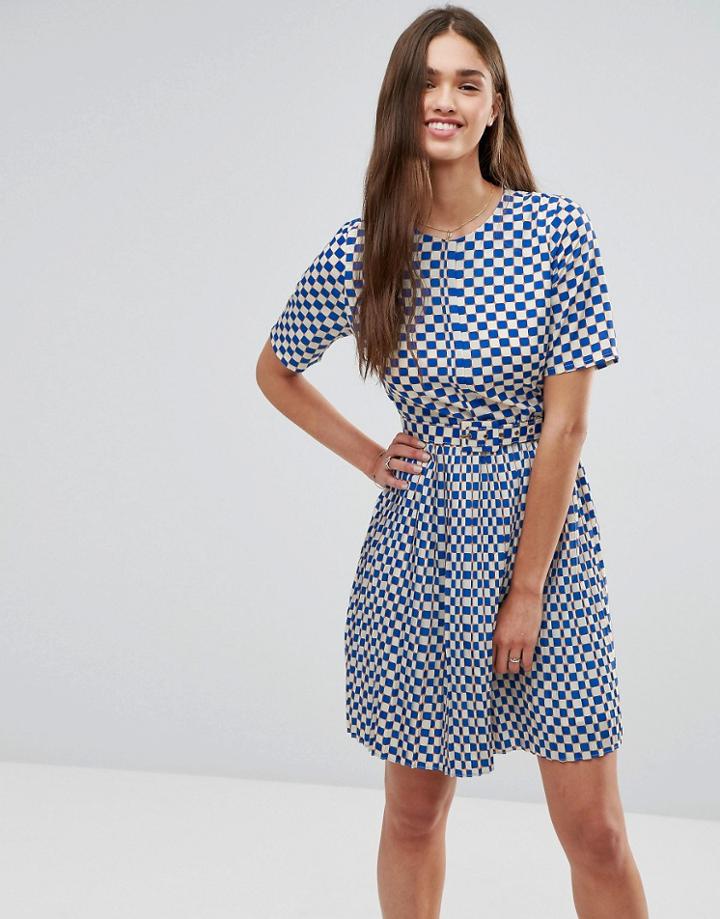 Darling Grid Print Skater Dress - Blue