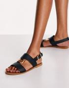 Asos Design Fenix Leather Ring Detail Flat Sandals In Black