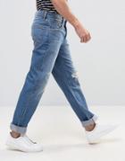 Asos Straight Jeans With Knee Rips In Mid Blue - Blue