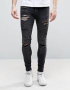 11 Degrees Super Skinny Biker Jeans In Black With Distressing - Black