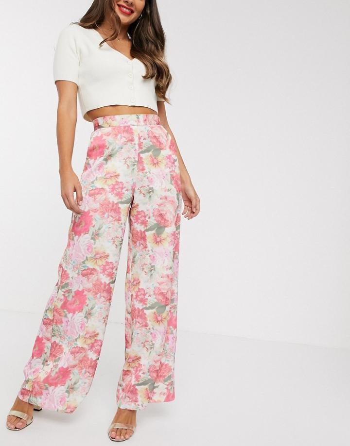 Asos Design Wide Leg Pants In Blurred Floral Print - Multi