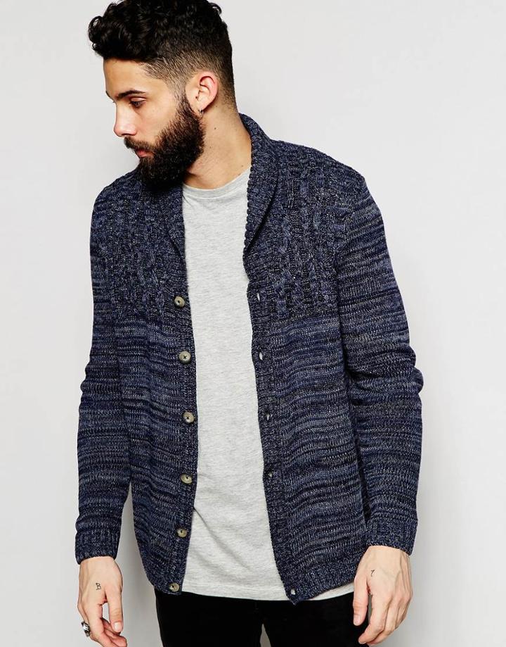 Asos Cable Cardigan With Shawl Neck - Navy Denim Twist