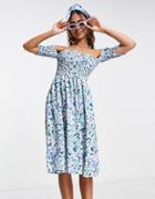 Qed London Off Shoulder Shirred Front Mini Dress In Floral Print-multi