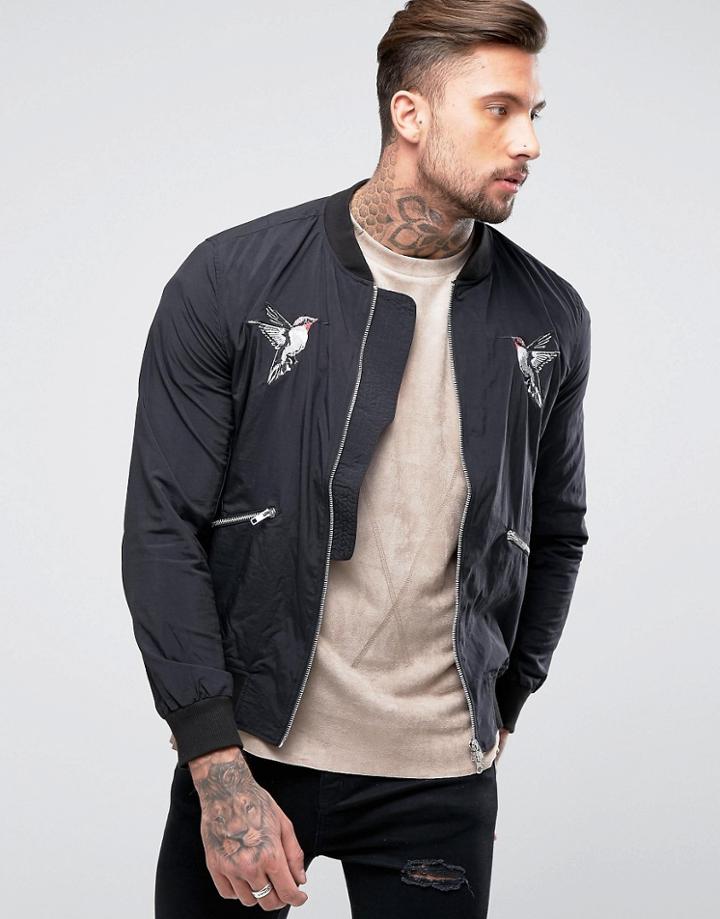 Religion Bomber Jacket With Souvenior Embroidery - Black