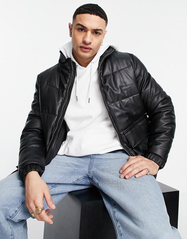 Jack & Jones Originals Faux Leather Puffer Coat In Black