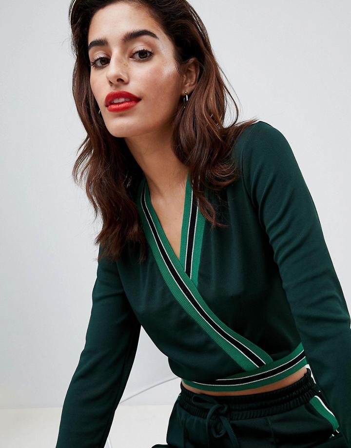 River Island Wrap Front Sports Rib Crop Top-green