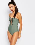 Missguided Eyelet Front Bandeau Swimsuit - Green