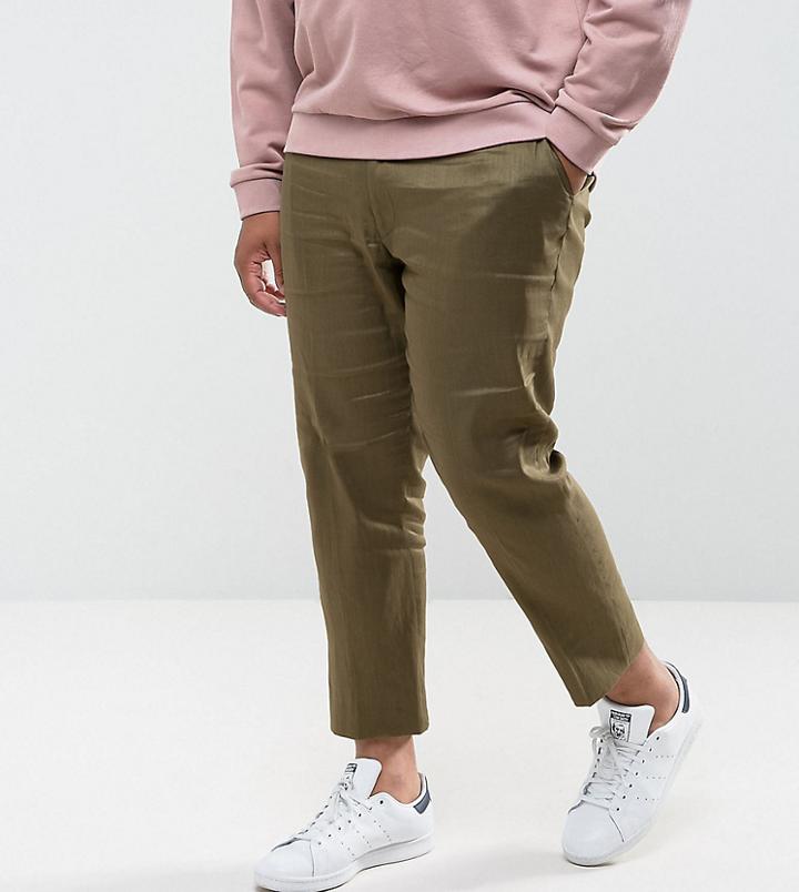 Asos Plus Skinny Cropped Smart Pants In Khaki Linen Mix - Green