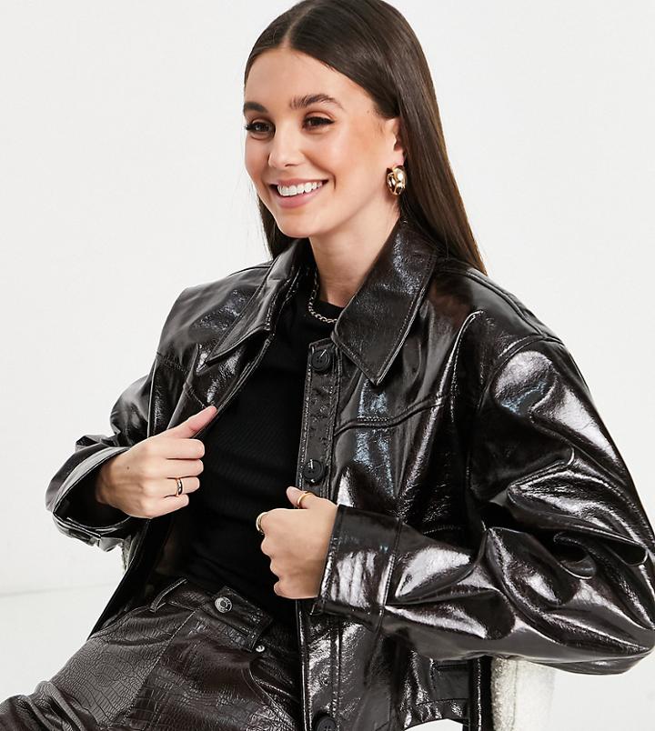 Asos Design Tall Cracked Faux Leather Throw-on Jacket In Brown