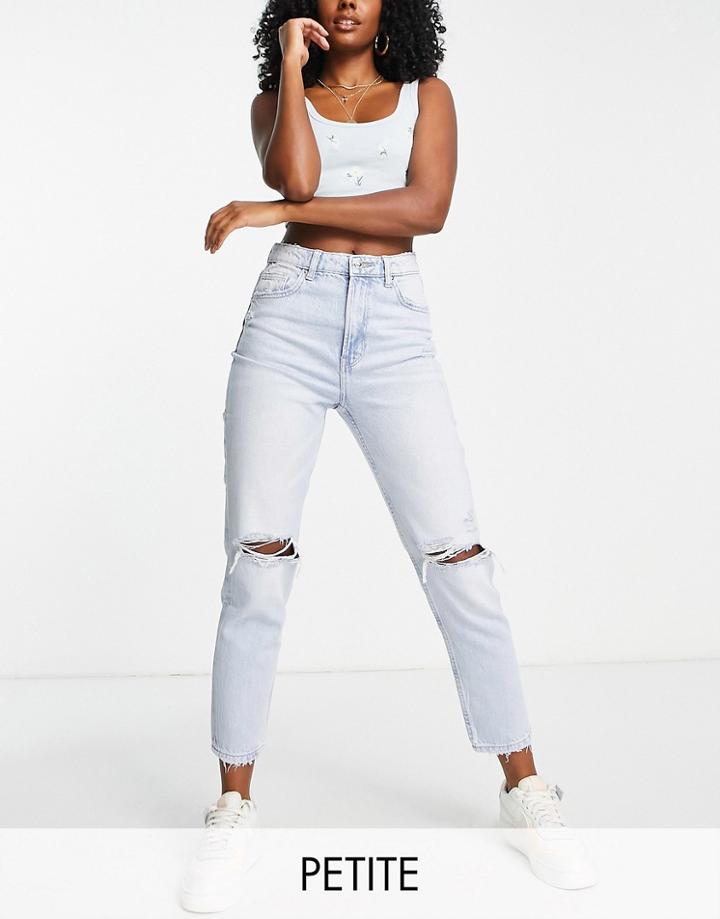 Bershka Mom Jeans With Rips In Bleach Blue