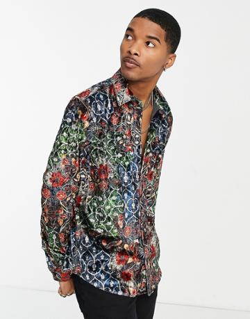 Devil's Advocate Oversized Velvet Printed Shirt-navy
