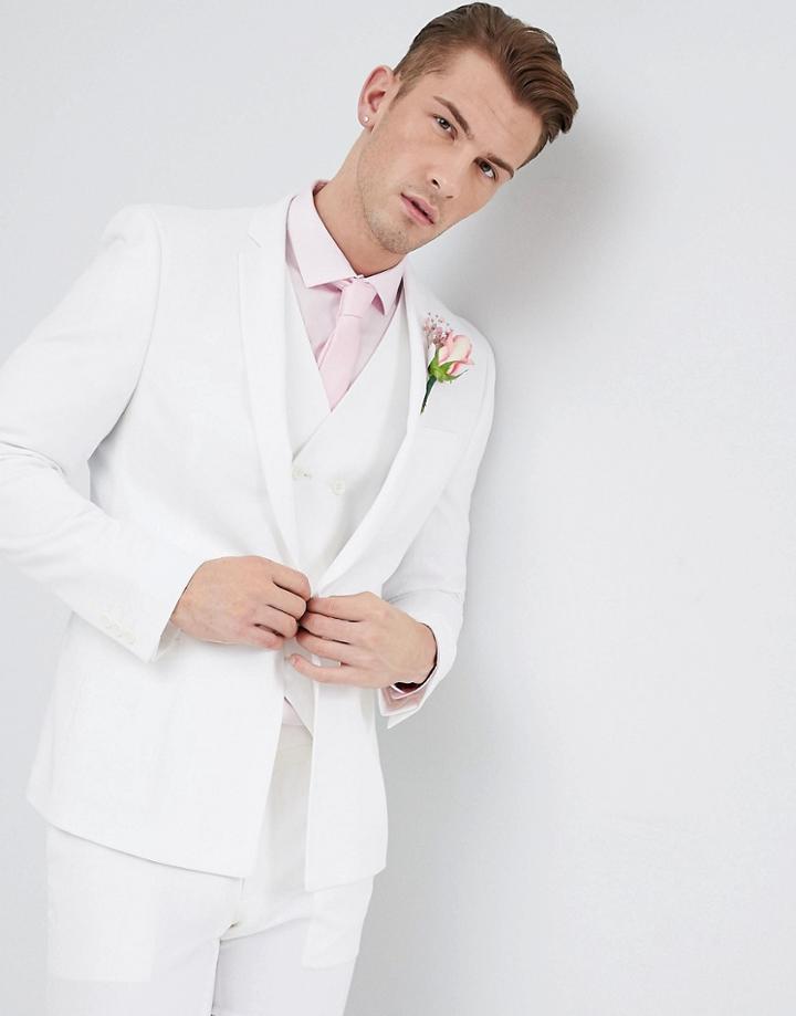 Asos Wedding Skinny Suit Jacket In Cream Cross Hatch With Printed Lining - Cream