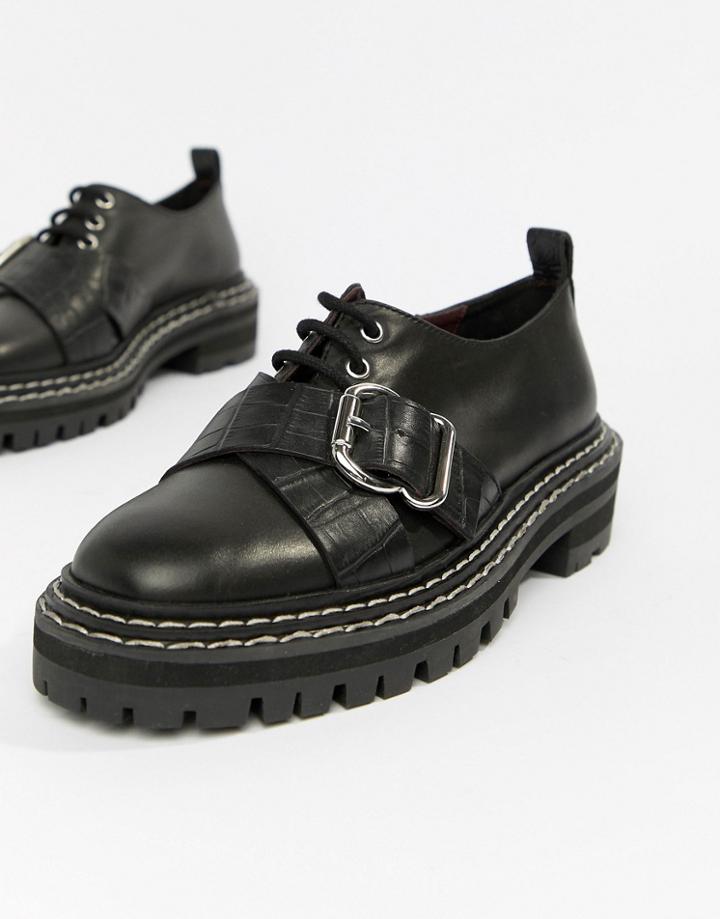 Asos Design Moorehouse Leather Chunky Lace Up Flat Shoes - Black