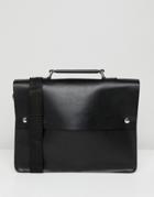 Asos Design Leather Satchel In Black With Double Poppers And Internal Laptop Pouch