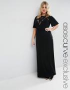 Asos Curve Maxi Dress With Lace Inserts & Flutter Sleeve - Black