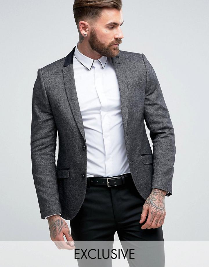 Heart & Dagger Skinny Blazer In Tweed With Velvet Trim - Gray