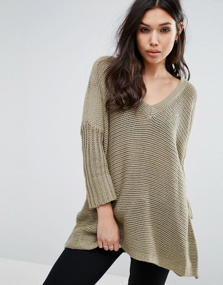 Noisy May Deep V-neck Oversize Knit Sweater - Green