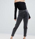 Asos Design Petite Farleigh Slim Mom Jeans In Washed Black With Busted Knees - Black
