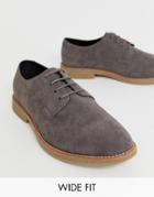 Asos Design Wide Fit Lace Up Shoes In Gray Faux Suede With Faux Crepe Sole