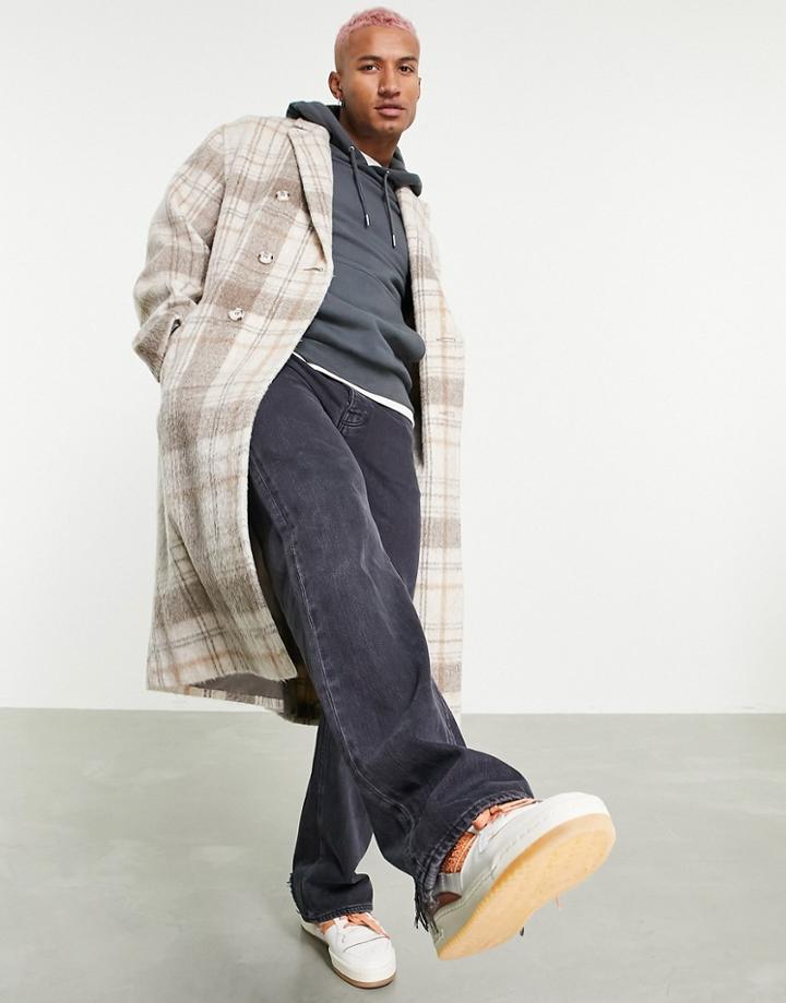 Asos Design Oversized Longline Wool Mix Check Overcoat In Ecru - Blonde