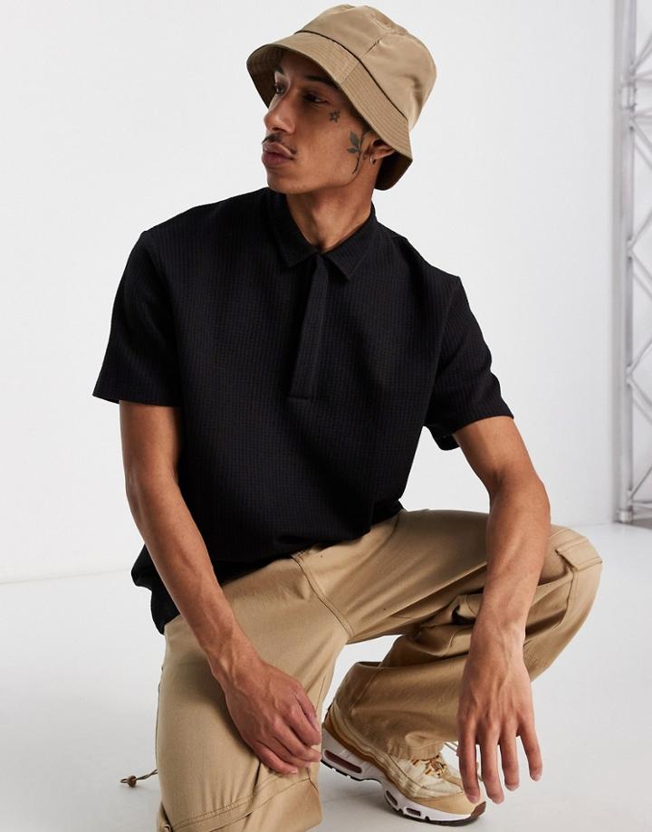 Asos Design Oversized Lightweight Waffle Polo In Black