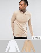 Asos Muscle Fit Long Sleeve Jersey Polo 2 Pack Save - Multi