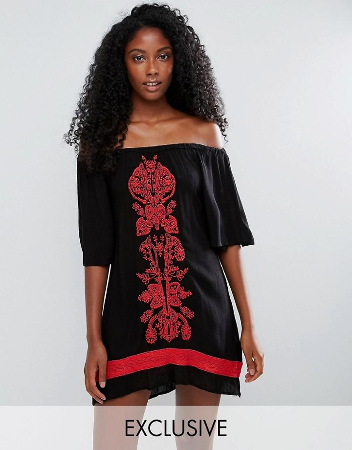 Akasa Off The Shoulder Embroidered Beach Dress - Black