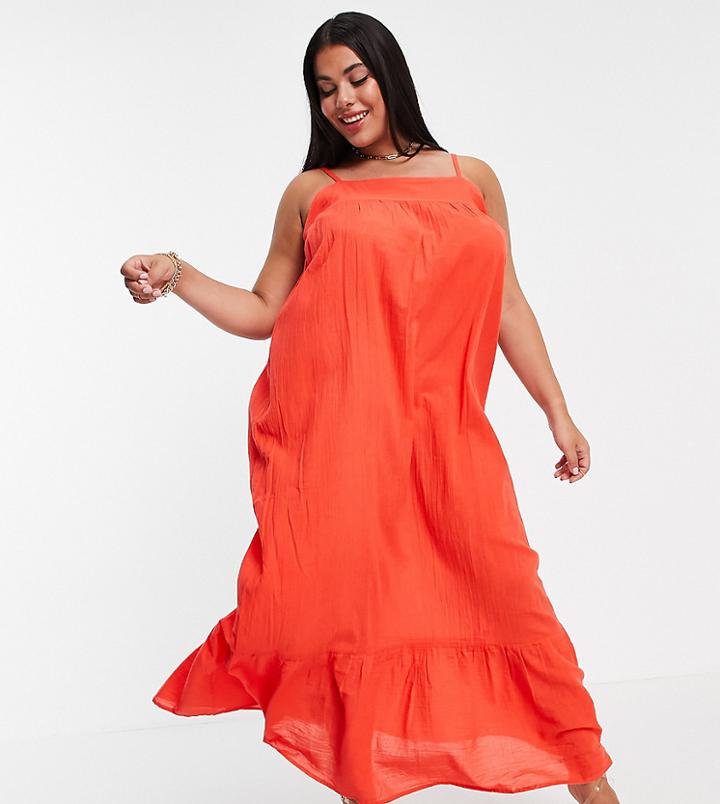 Asos Design Curve Tiered Maxi Beach Dress In Red