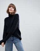 Asos Design Stitch Detail Sweater With Roll Neck - Black