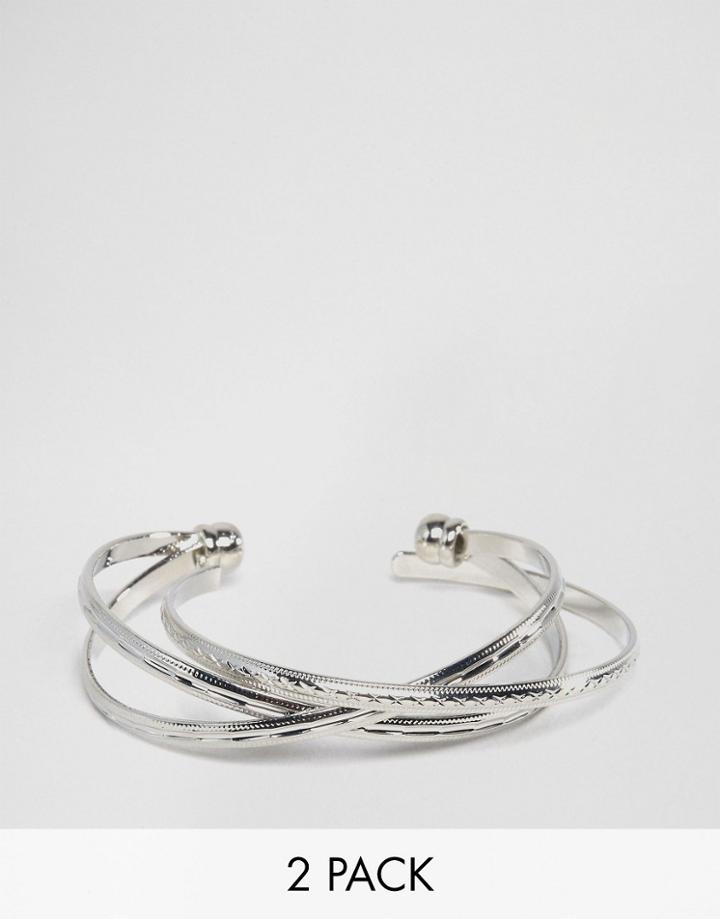 Asos Pack Of 2 Criss Cross Cuff And Open Bangle Bracelets - Silver
