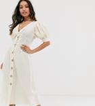 Asos Design Petite Button Through Twist Front Maxi Tea Dress In Seersucker - White