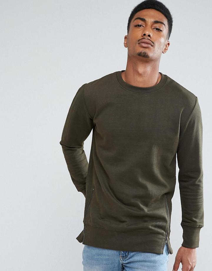 Brave Soul Longline Sweatshirt With Zips - Green