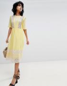 Asos Design Embroidered & Lace Insert Midi Dress-yellow