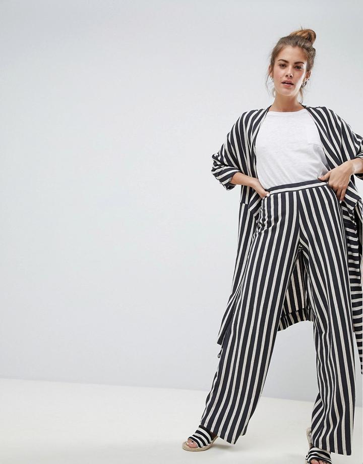 Pull & Bear Wide Leg Linen Pants In Stripe Print (join Life) - Black