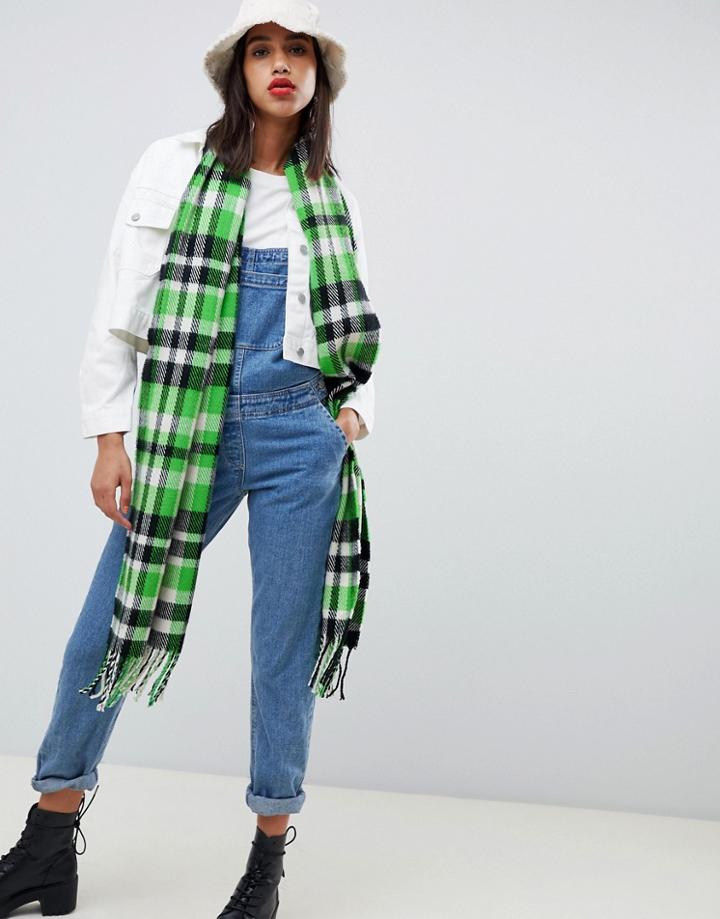 Asos Design Long Green And Black Check Scarf With Tassels - Green