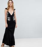 Asos Tall Floral Cross Stitch Embroidered Maxi Beach Dress With Pompom Trim - Black