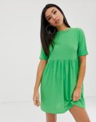 Asos Design Roll Sleeved Rib Jersey Smock Dress-green