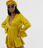 Ttya Plunge Front Romper With Fluted Sleeve Detail In Rich Yellow