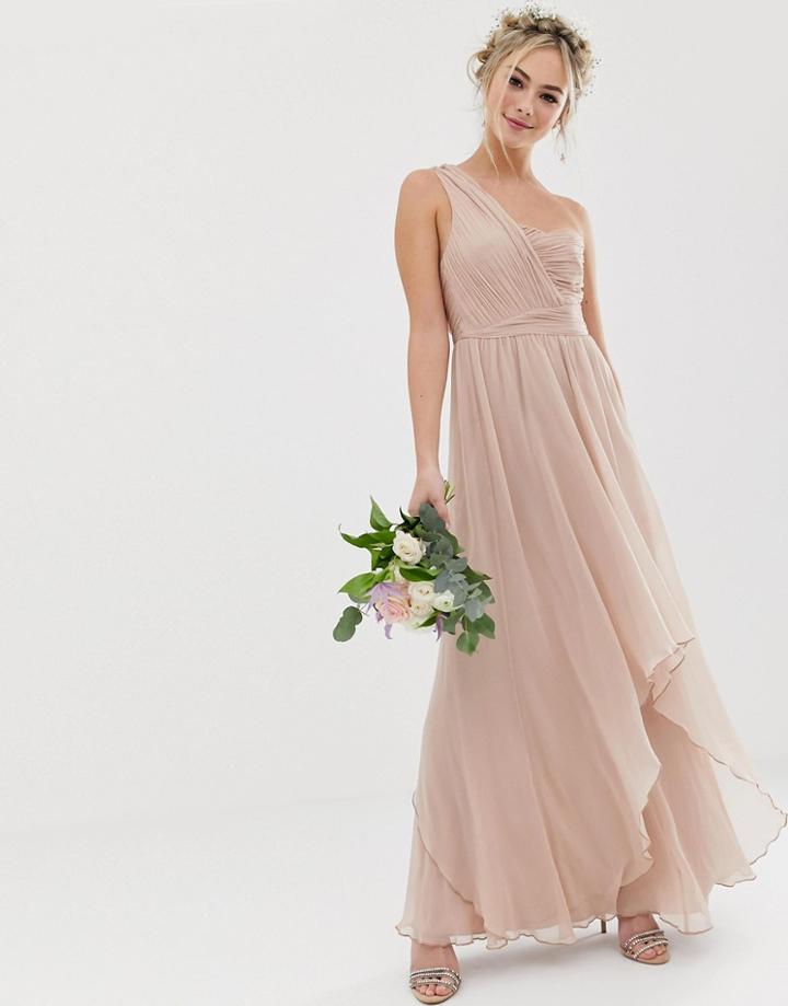 Asos Design Bridesmaid Soft Layer Maxi Dress With One Shoulder Pleated Bodice-pink